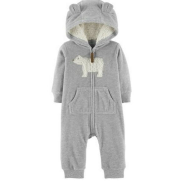 Carter’s Baby Bear Hooded w/3D Ears One-Piece Fleece Jumpsuit, Grey and White Be - Picture 1 of 1